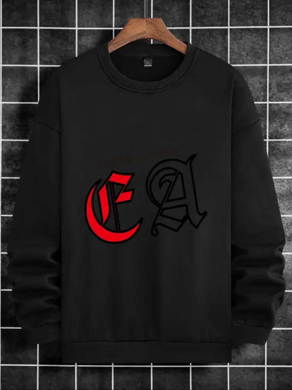 Men's Letter Print Round Neck Thermal Lined Sports Sweatshirt, Loose Casual Long Sleeve Crew Neck Pullover for Daily Wear, Men's Sportswear for All Seasons 0