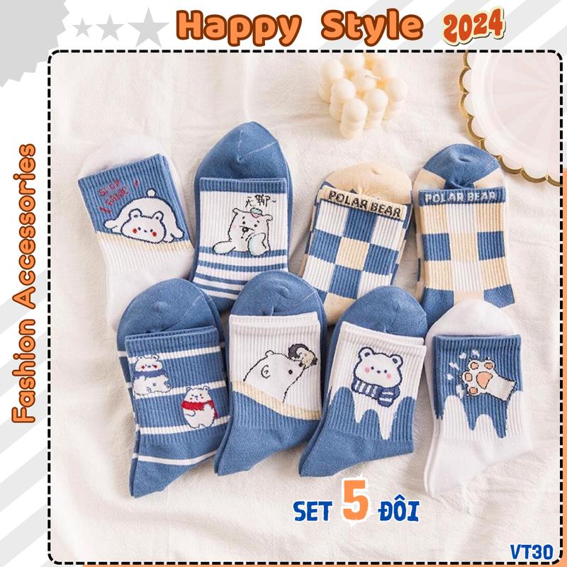 Tất Vớ Cổ Cao Sét 5 Đôi Tất Chân Nam Nữ Họa Tiết Gấu Xanh Chất Cotton Co Giãn VT30 Nhung Menswear