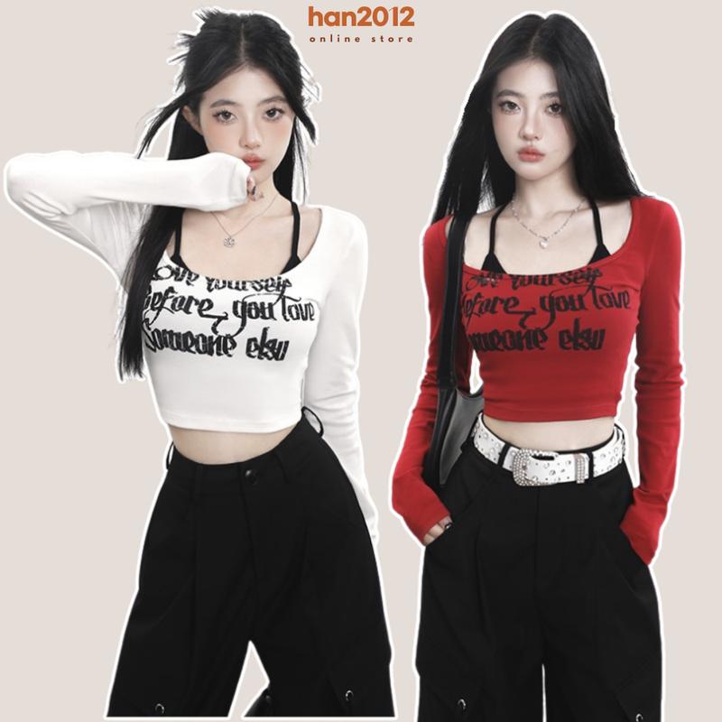 Set Áo Nữ 2 Món - Áo croptop tay dài cổ U kèm Bra 2 dây Dáng Ngắn Đỏ Women Shirt