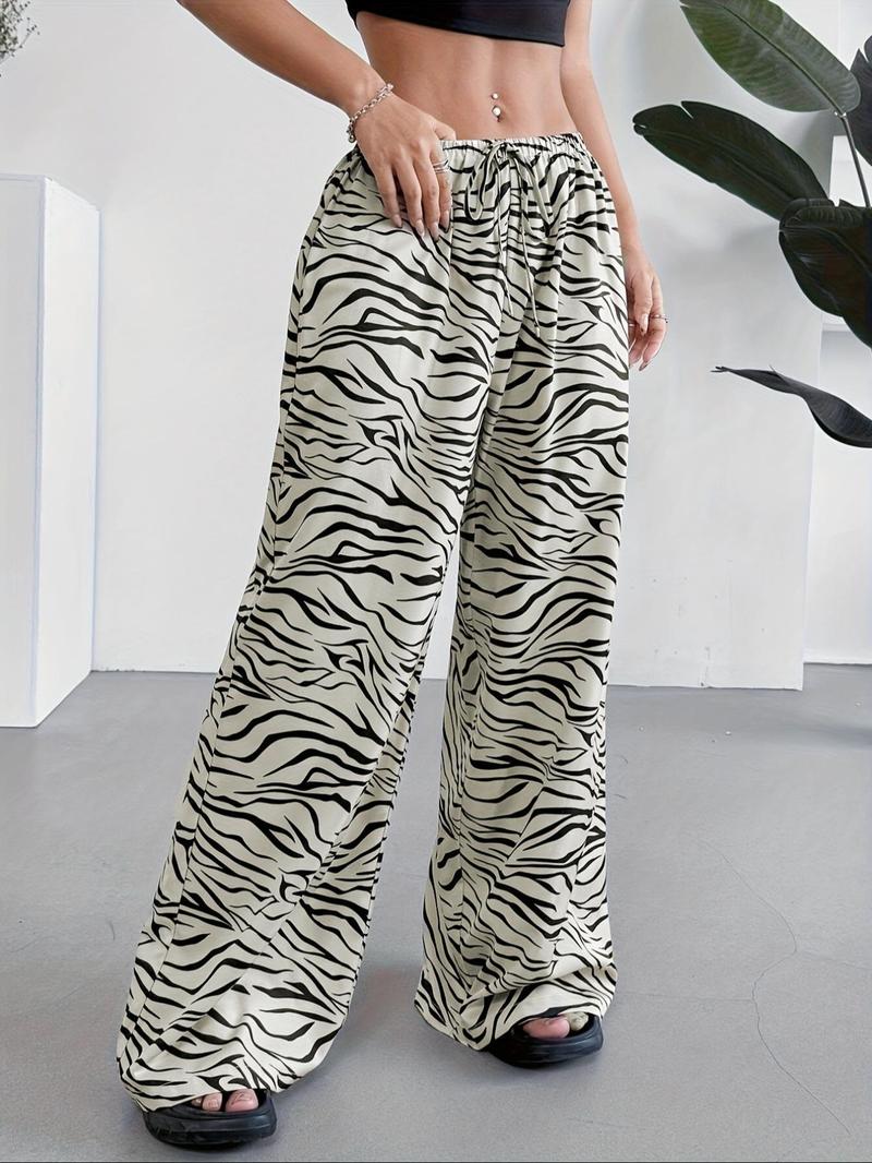 Product Introduction of Women's Zebra Stripe Print Drawstring Waist Wide Leg Pants, Casual Comfy Trousers for Daily Wear, Ladies Bottoms for All Seasons 8