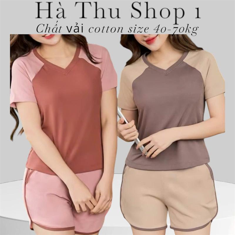 Đồ Bộ Bộ ngủ set ngủ nữ đồ ngủ nữ Hà Thu Shop Tay ngắn Cổ tim thun cotton mềm co giản