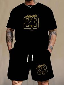 Two-piece Set Men's Letter and Figure Print Short Sleeve Tee & Drawstring Waist Shorts Set, Regular Fit Casual Comfy Round Neck T-shirt & Pocket Track Shorts, Summer Clothes Set for Men