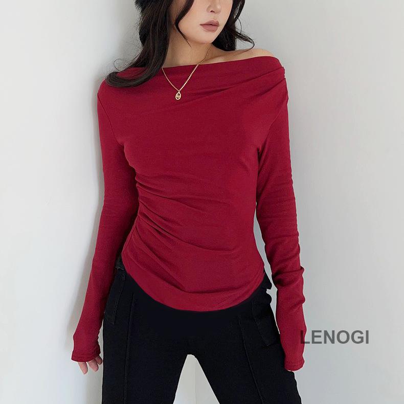 Áo thun kiểu nữ dài tay cổ thuyền LENOGI mặc được 3 kiểu trễ vai đẹp cotton co dãn 4 chiều cao cấp dễ phối đồ A63