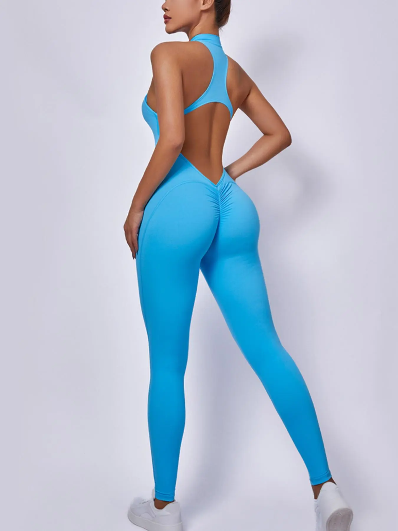 Women's Solid Color Ruched Zip Up Mock Neck Sports Jumpsuit, High Stretch Casual Comfortable Breathable Backless Sleeveless Butt Lifting Jumpsuit for Yoga Gym Workout, Ladies Sportswear for Spring & Fall