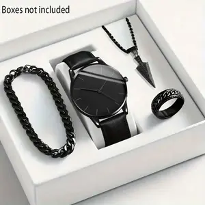 4pcs/1pcs Jam Tangan Pria Bertenaga Kuarsa Dengan Dial Bulat Dan Tali Kulit Dilengkapi Dengan Set Kalung Dan Gelang Kasual Untuk Aktivitas Luar Ruangan (tanpa Kotak)