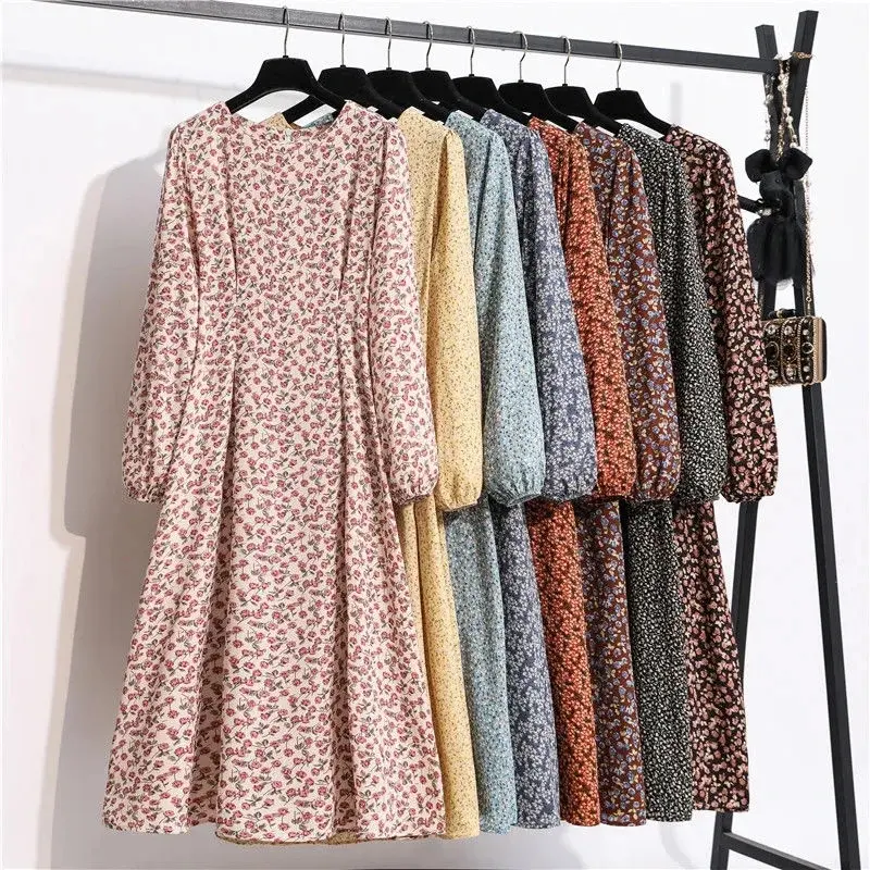 Floral Print Bohemian Chiffon O-Neck Long Sleeve A-Line Women's Dress Lace Up High Waist Knee-Length Dresses For Women 2024 Casual Womenswear