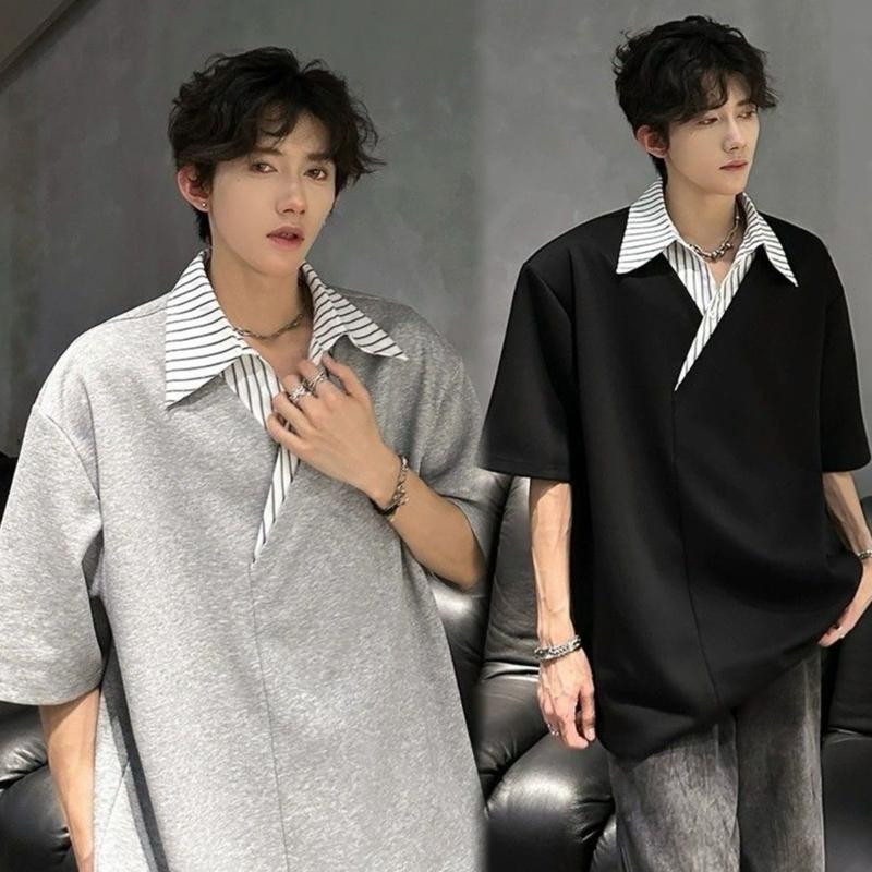 Áo Thun Cổ Sơ Mi Giả Hai Lớp Thiết Kế Hai Mảnh Cổ Chữ V Khối Màu Sọc Hợp Xu hướng Phong Cách Thường Ngày Dành Cho Nam Kiểu Dáng Đẹp Trang Phục Mùa Hè Áo