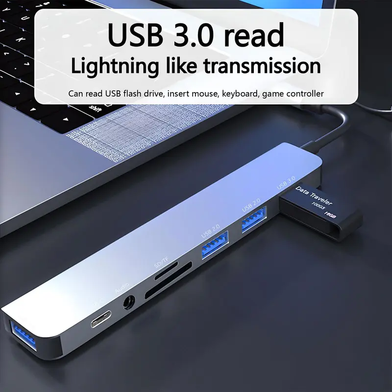 Portable 8 Ports USB Hub, Universal USB 3.0/2.0/Micro SD/TF Card Reader, Multifunction Adapter for Laptop, MacBook Pro, iPad And Other USB-C Devices 2