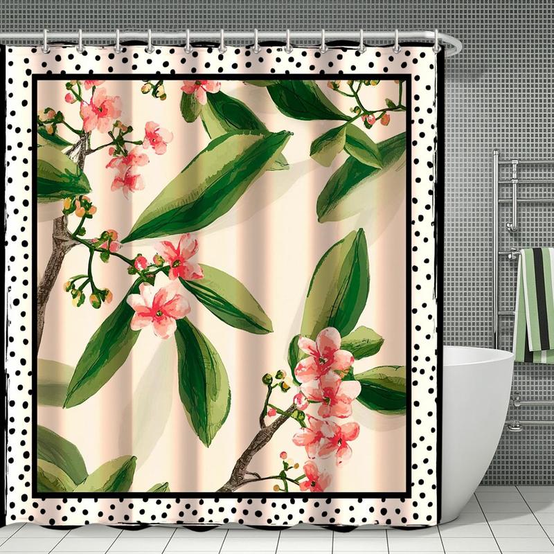 Floral Pattern Bathroom Curtain Set, 1 Set Waterproof Shower Curtain with Hooks/Oxford Floor Mat/U-shaped Mat/Toilet Lid Cover, Bathroom Decor Supplies 0