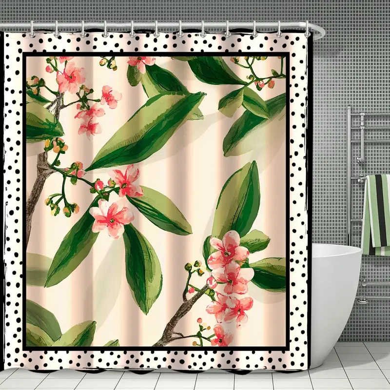Floral Pattern Bathroom Curtain Set, 1 Set Waterproof Shower Curtain with Hooks/Oxford Floor Mat/U-shaped Mat/Toilet Lid Cover, Bathroom Decor Supplies 0
