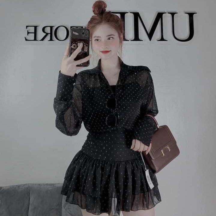 Set sơ mi voan đính đá tay dài chân váy tầng có lót sang chảnh Nữ Áo Women Top Nhung