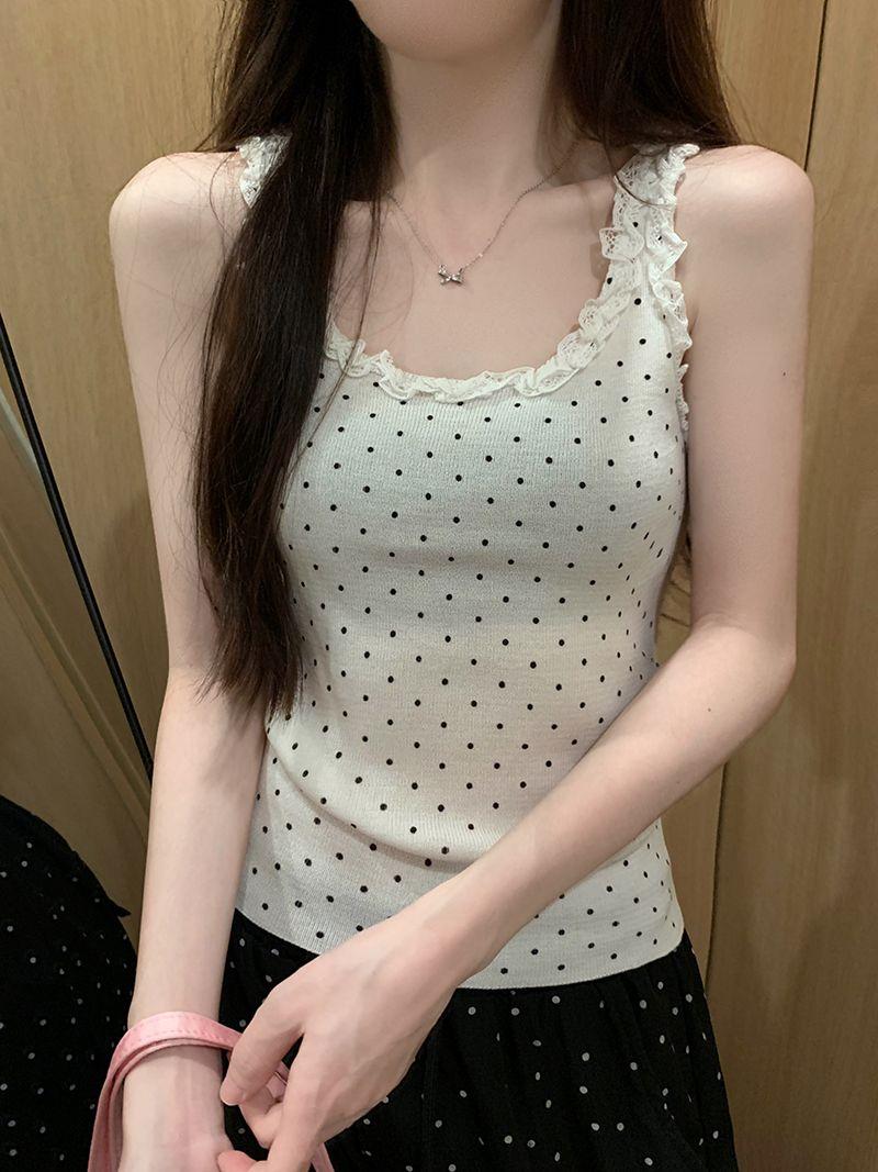 Product Introduction of Red Polka Dot Lace Camisole Women's Summer Slim-Fit Short Sleeveless Top 13