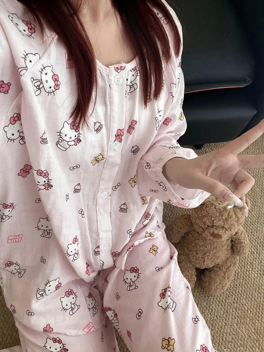 【Chỉ có áo khoác】Bộ Đồ Ngủ Hello Kitty, Thiết Kế Hoạt Hình Dễ Thương, Dành Cho Nữ, Thích Hợp Cho Sinh Viên Ký Túc Xá Mới, Áo Dài Tay, Áo Mặc Bên Ngoài, Bộ Quần Áo Mặc Nhà