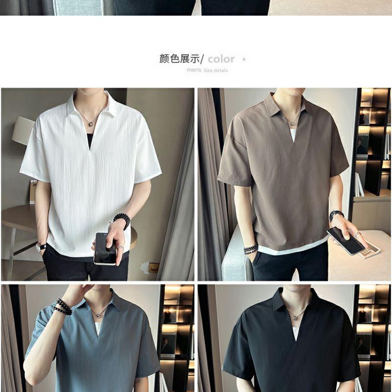 Product Introduction of 2025 Fake Two-Piece V-neck T-shirt Men's Ins Fashion Brand Short Sleeve Polo Shirt Ice Silk Half Sleeve 2023 New Summer Matching Suit 3