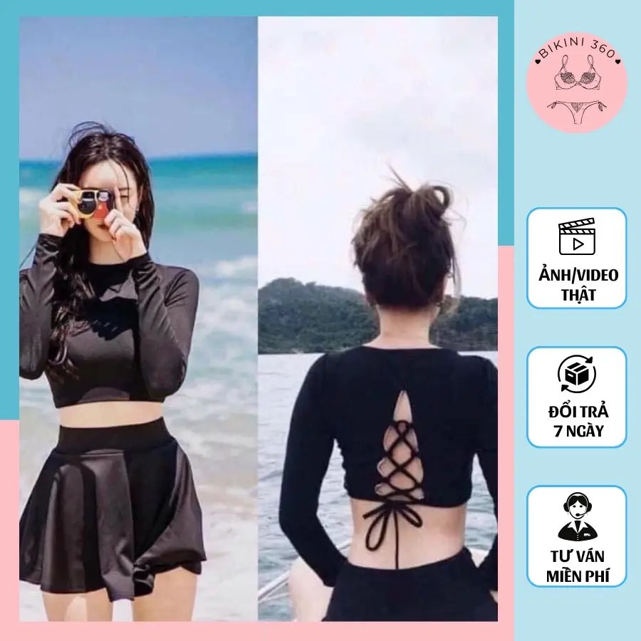 Bikini đi biển 2 mảnh áo váy kín đáo, có mút, đồ bơi nữ tay dài váy xòe, áo bơi croptop Women