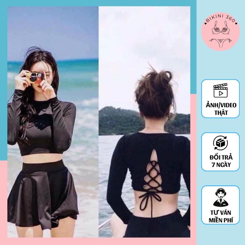 Bikini đi biển 2 mảnh áo váy kín đáo có mút đồ bơi nữ tay dài váy xòe áo bơi croptop Women