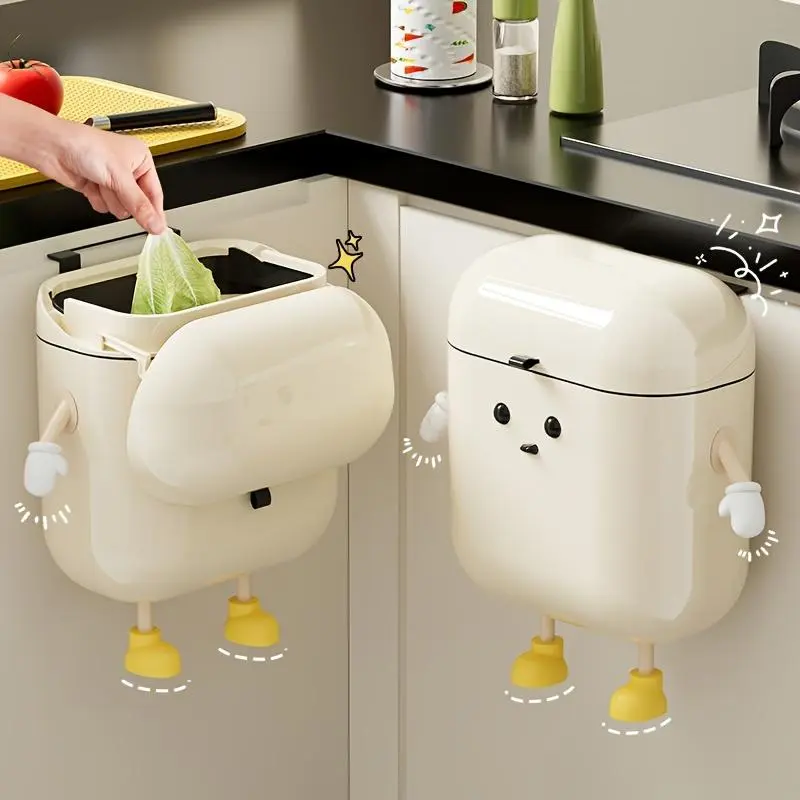 Cartoon Design Hanging Trash Can with Hook, 1 Count Large Capacity Wall Mounted Trash Can with Lid, Space Saving Trash Bin for Kitchen & Bathroom