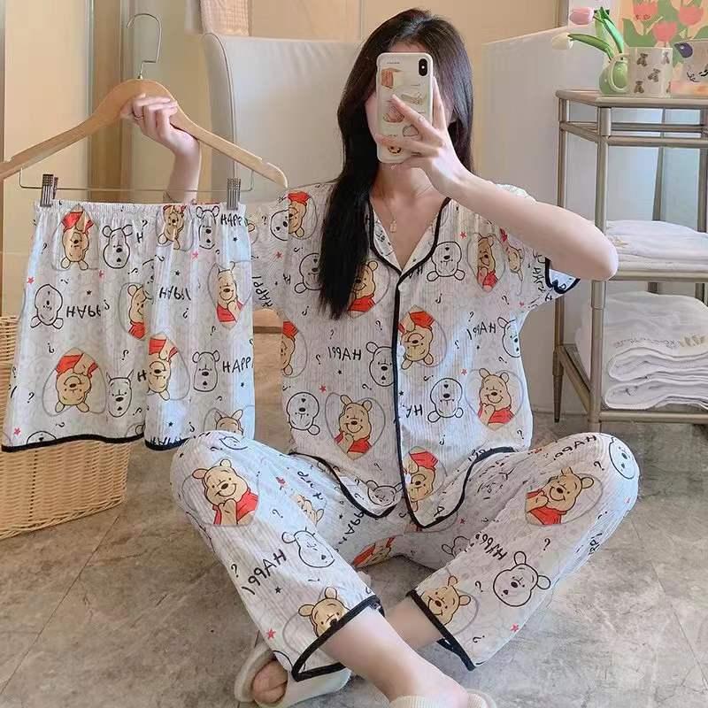 Product Introduction of 2024 TikTok Live Hot Sale Three-Piece Pajamas for Women Cute Cartoon Ding Dong Bear Casual Loungewear Set 13