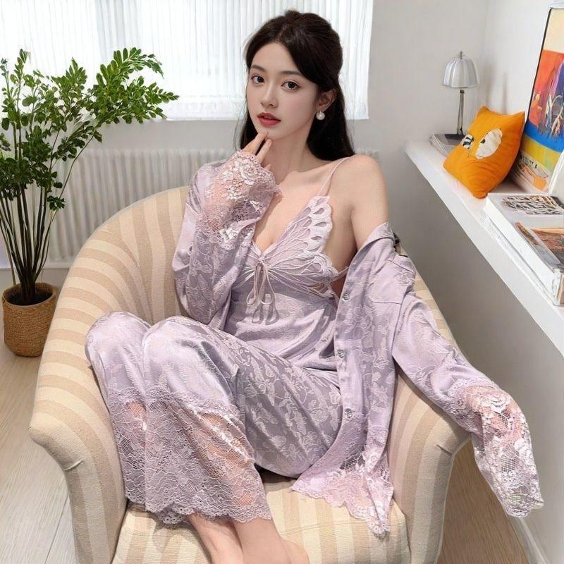 Bộ Đồ Ngủ Lụa, Phong Cách Gợi Cảm, Dành Cho Nữ, Mùa Xuân Và Mùa Thu, Quần Dài Dây Đeo Ren, Mặc Nhà Mùa Hè, Bộ Bốn Mảnh Hình Bướm Tím, Mới Cho Năm 2025 0