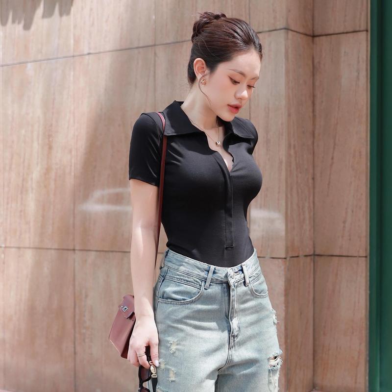  Áo thun nữ KAYLIN có cổ chất vải thun gân ôm body phối khoá kéo phong cách Polo - N2220 Top Women Polo 