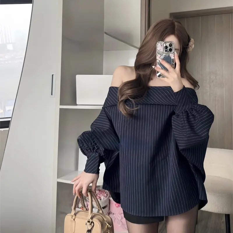 Áo Trễ Vai Kẻ Dọc Xanh Chất Chéo Thái Form Rộng Tay Phồng Cánh Rơi 1