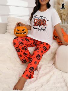 【Plus Size】 Letter Print Tee & All Over Pumpkin Print Elastic Waist Pants Pyjama Two-piece Set, Casual Comfy Halloween Themed Round Neck Short Sleeve T-shirt & Trousers PJ Set, Women's Sleepwear for All Seasons