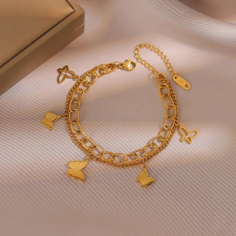 Product Introduction of Stainless Steel Double Layer Butterfly Bracelet For Women Girls Gold Color  Hand Chain New Trendy Party Jewelry Gifts 0