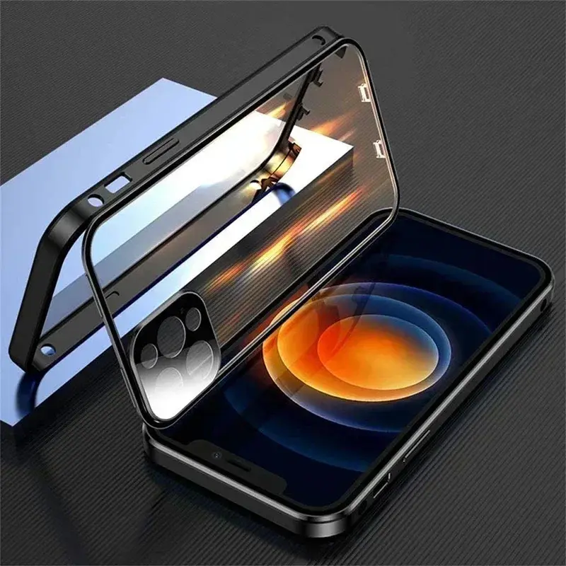 Ốp Kính Khóa Hai Mặt Từ Tính, Chất Liệu Kim Loại, Dành Cho iPhone 16, 15, 14, 13, 12, Pro Max, Plus, Bao Phủ Toàn Bộ 360 °, Ốp Chống Sốc Bảo Vệ 6