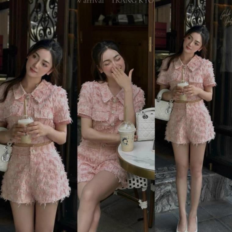 Set bộ nữ croptop dạ hồng hotrend kèm nơ tiểu thư - Hồng Phấn, chất liệu dạ lông, size S M 4