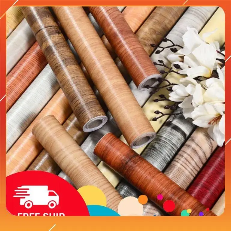 Giấy dán tường giả gỗ kícḣ thước 10 mét có keo sẵn chống thấm nước ẩm mốc, trang trí bàn, tủ khổ rông 45cm, decal giả gỗ 0