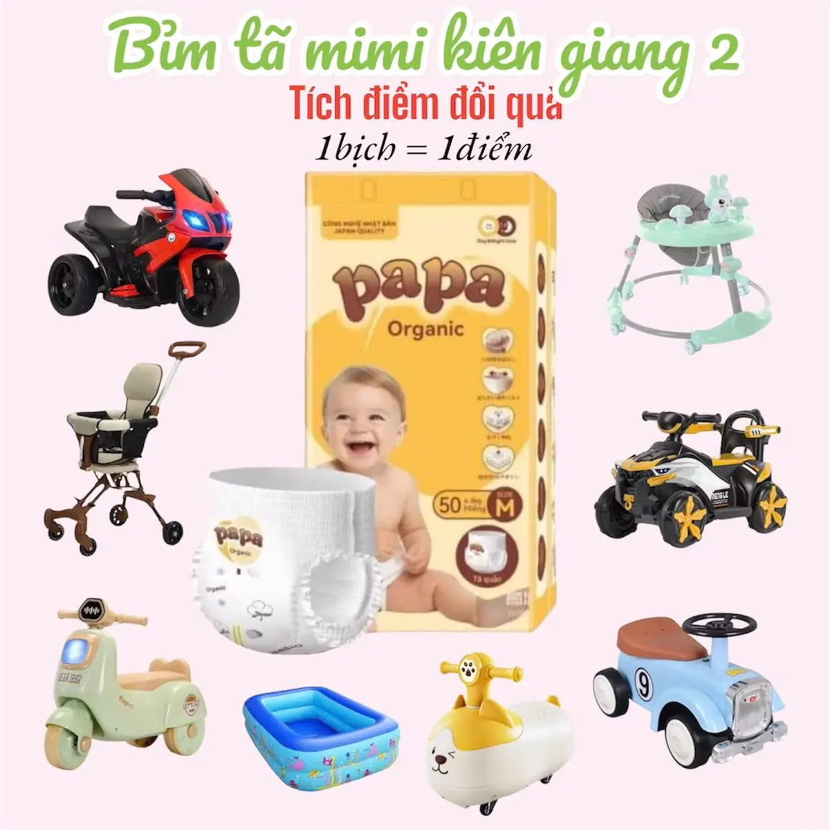 ( TÍCH ĐIỂM) 50miếng bỉm quần PAPA ORGANIC công nghệ Nhật, form to mềm mịn đủ size cho bé M-6XL Kem