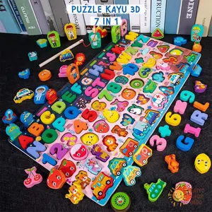 TAIYO Puzzle Kayu 3D Premium 6in1 Tingkat Besar Jumbo Angka Huruf Animal Family Edukasi Mainan Anak