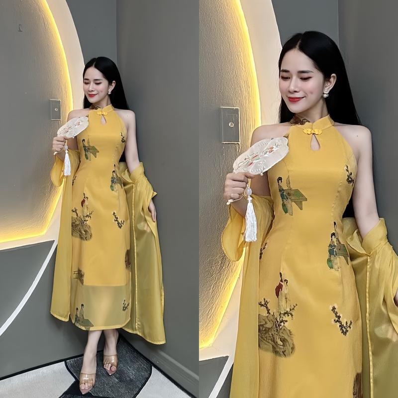 Đầm Dress Thiết Kế EMME V1824 Sườn Xám Cách Tân In 3D Dáng Dài Nữ Women Voan Nhung Xanh Màu Đen ( Kèm Áo Khoác ) - VD