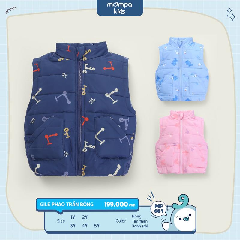 Áo Gile Phao Mompa cho bé 1-5 tuổi, vải Cotton chần bông ấm áp co giãn thoáng khí - 681