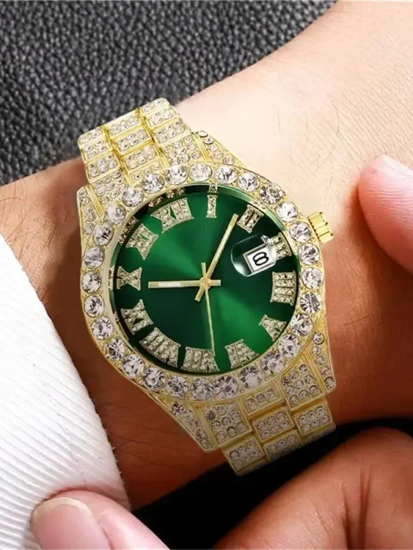 Men's Rhinestone Decorated Quartz Watch with Calendar Feature, Fashionable Round Dial Watch for Party, Daily Clothing Decor, Trendy All-match & Exquisite Watch for Birthday Gift with Box 2