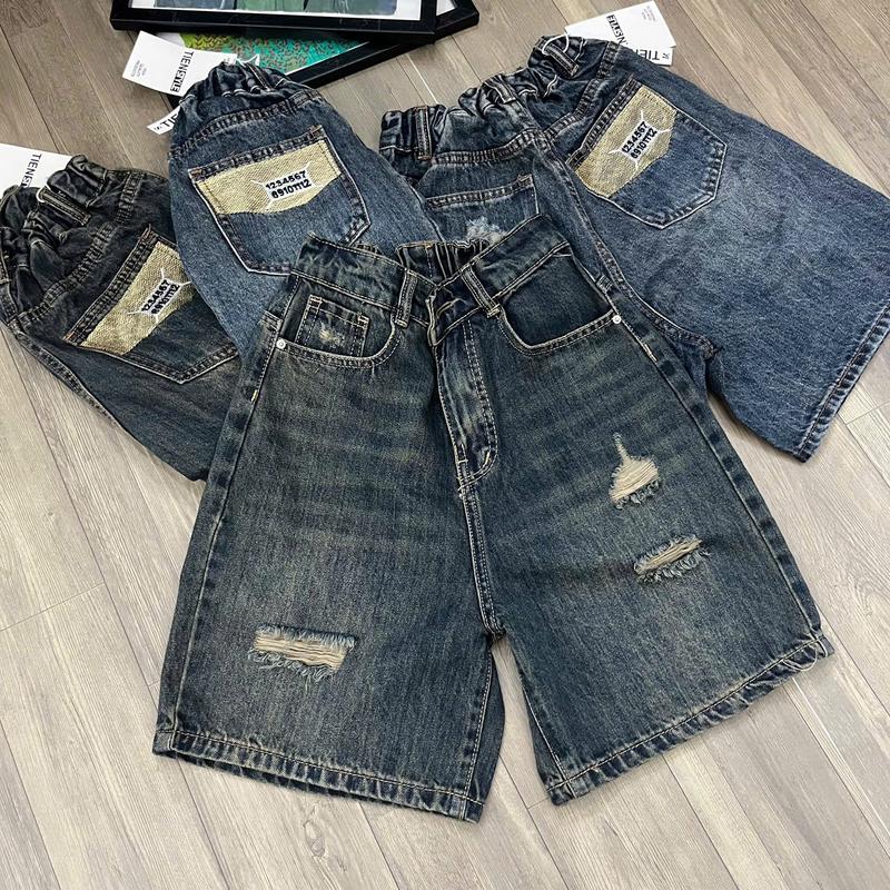 TIENSTYLE - Quần Jean Ngố Chun Thêu Chữ Số Túi Sau Cào Rách Quần Jean Ống Rộng Quần Suông Bigsize Vải jean QC cotton không giãn