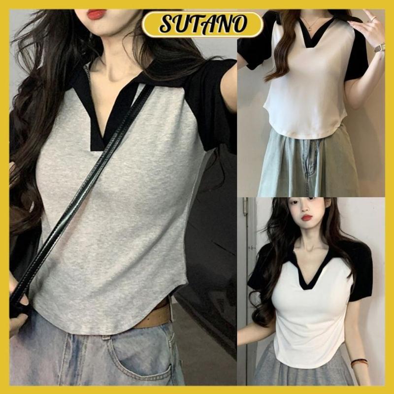 Áo thun baby tee ôm body nữ áo thun nữ ngắn tay cổ bẻ phối màu áo polo nữ vạt bầu chất thun tăm co giãn A176 SUTANO