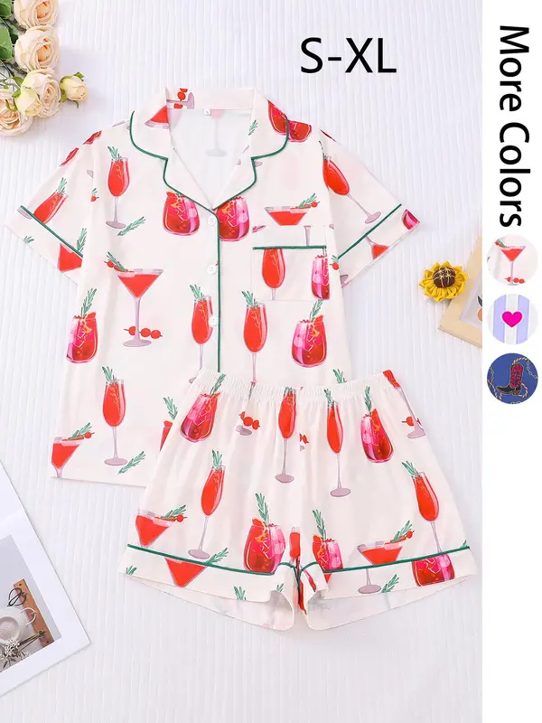 Women's All Over Print Pajama Two-piece Set, Casual Comfy Short Sleeve Top & Shorts PJ Set, Ladies Summer Sleepwear, Loungewear, Womenswear 6