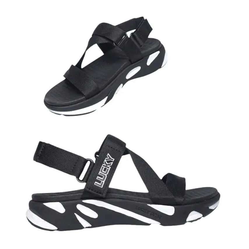 Giày Sandal Nam Nữ Đế Bằng Quai Chữ Z Lucky D01B Ver.2 Thời Trang Êm Ái Màu Đen Phối Trắng