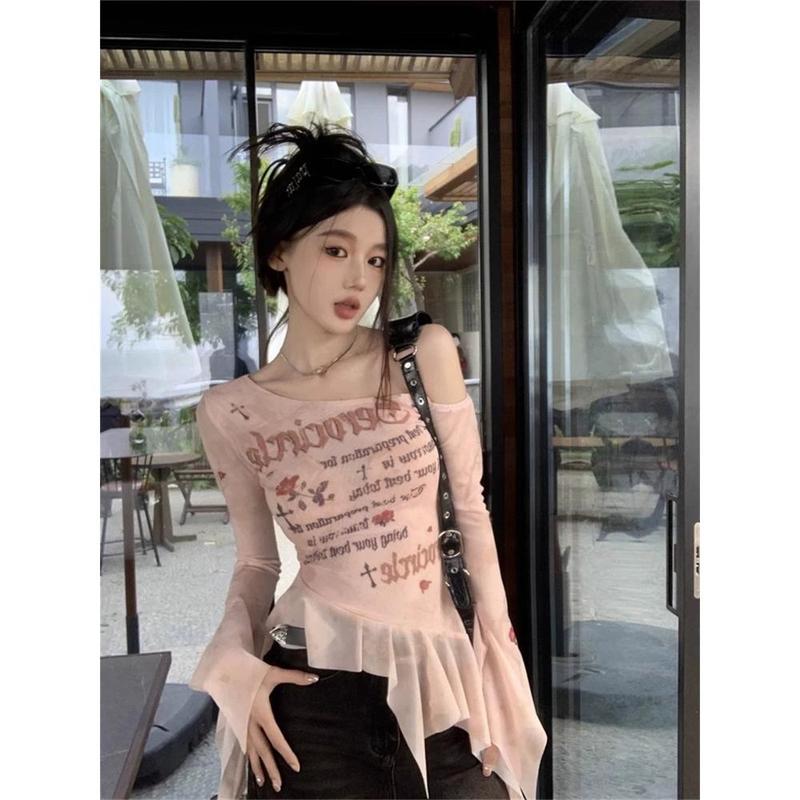 Áo Thun Nữ Dài Tay, Trễ Vai, Tay Áo Loe, Khâu Lưới, Bất Đối Xứng, Áo Vai Nghiêng Voi Women Top Voan Sơ Mi Shirt Jean outfit Màu Hồng 2
