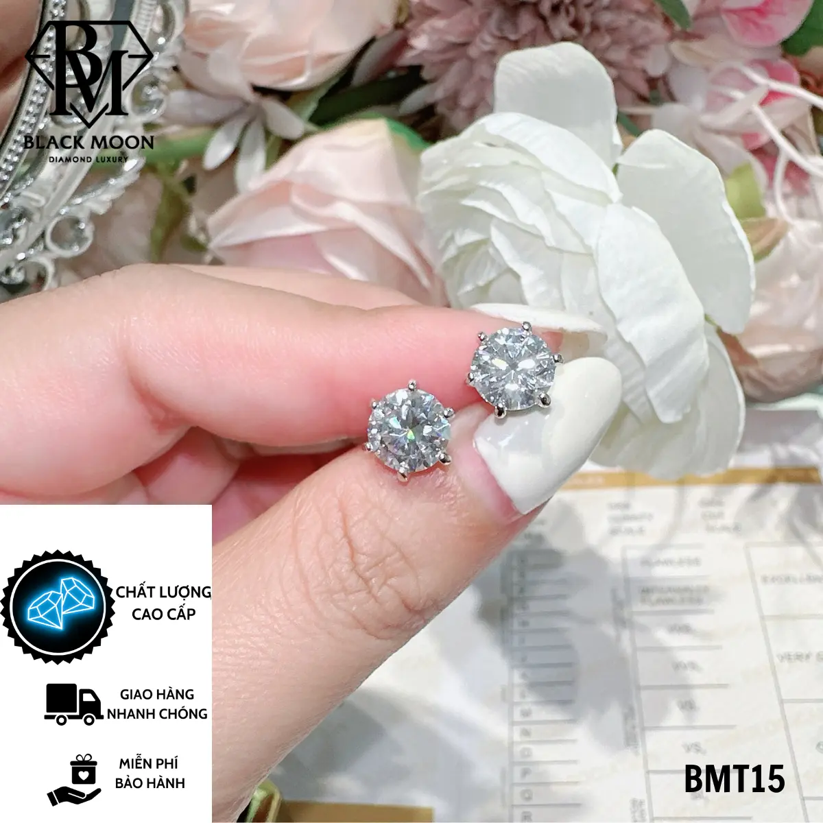 Bông tai nữ bạc ý xi vàng trắng chủ moissanite cực xinh - Mã BT 15