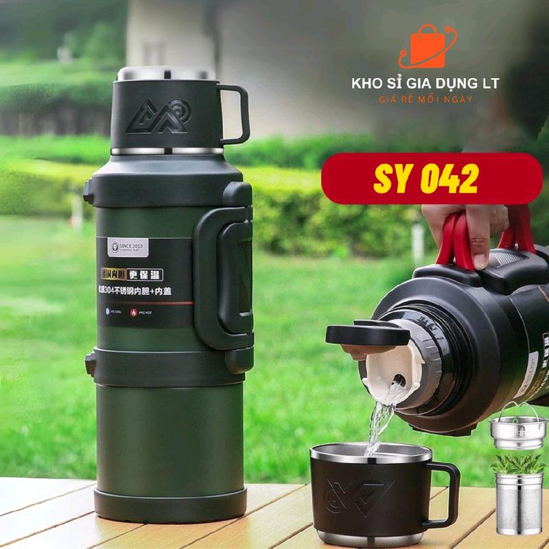 Bình giữ nhiệt SY-042 dung tích 1300ml-2000ml có lọc trà, có nắp làm cốc, có dây đeo