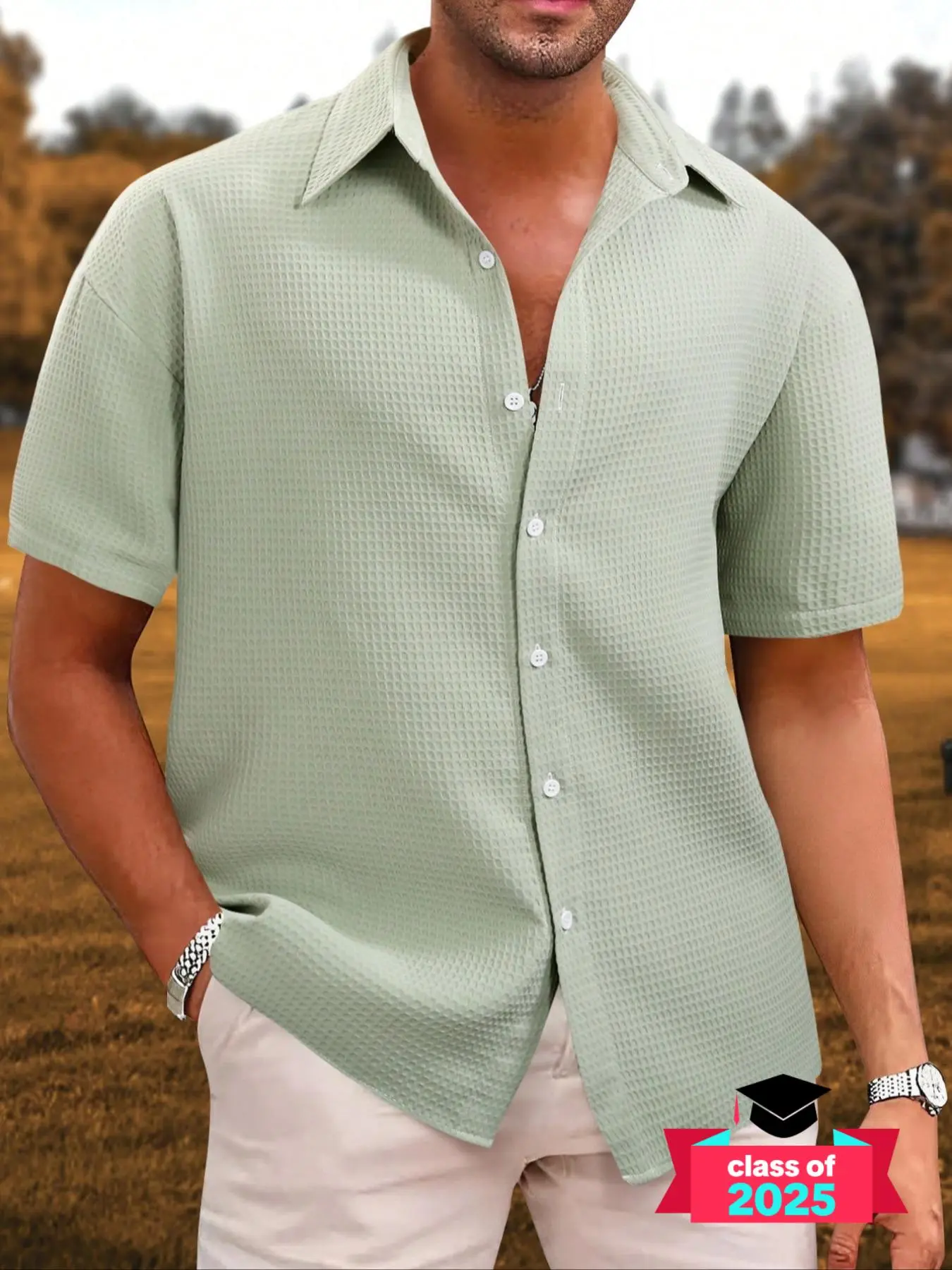 Men's Solid Color Short Sleeve Shirt, Regular Fit Casual Comfy Collared Top for Summer, Men's Clothes for Daily Wear, Tropical, Clothing