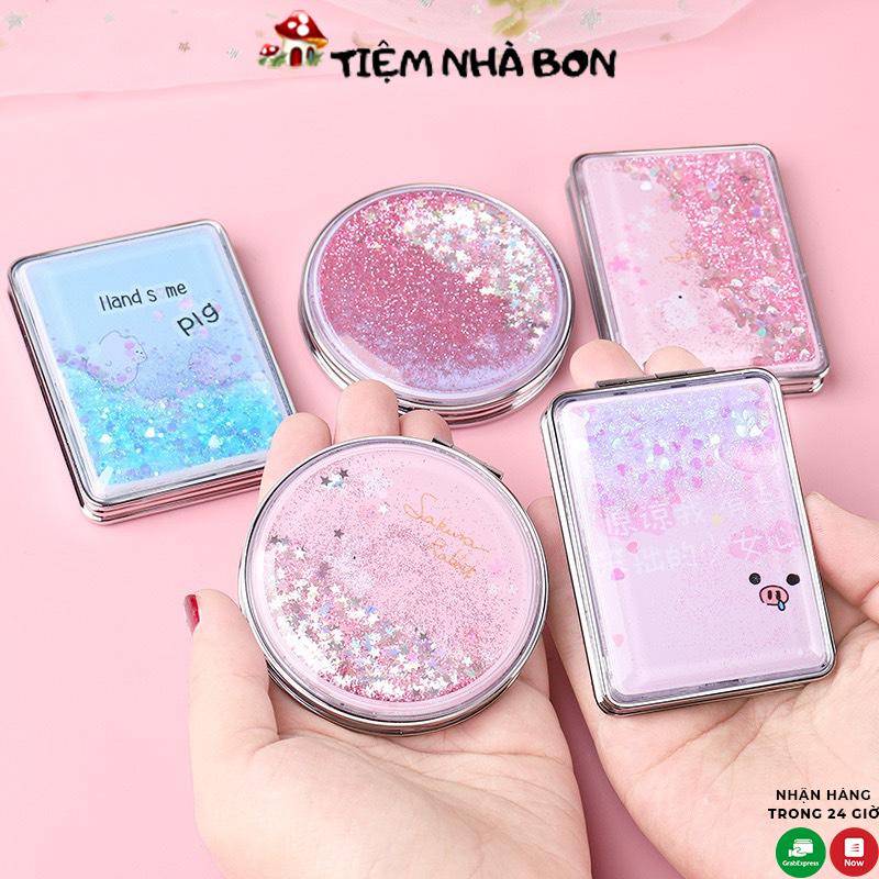  Gương mini 2 mặt gấp gọn có nhũ Gương trang điểm mini 2 mặt nhũ kim tuyến lấp lánh 