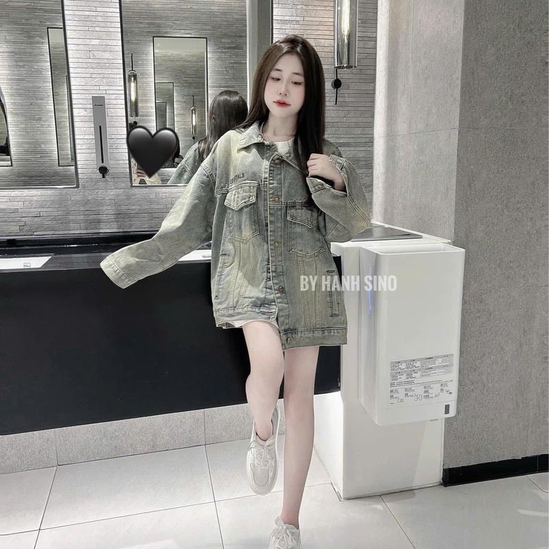 Áo khoác jean nữ tay dài form rộng trơn màu xanh bụi,Áo Jeans nữ, áo jeans Basic dáng rộng [Áo bò Esential] 7