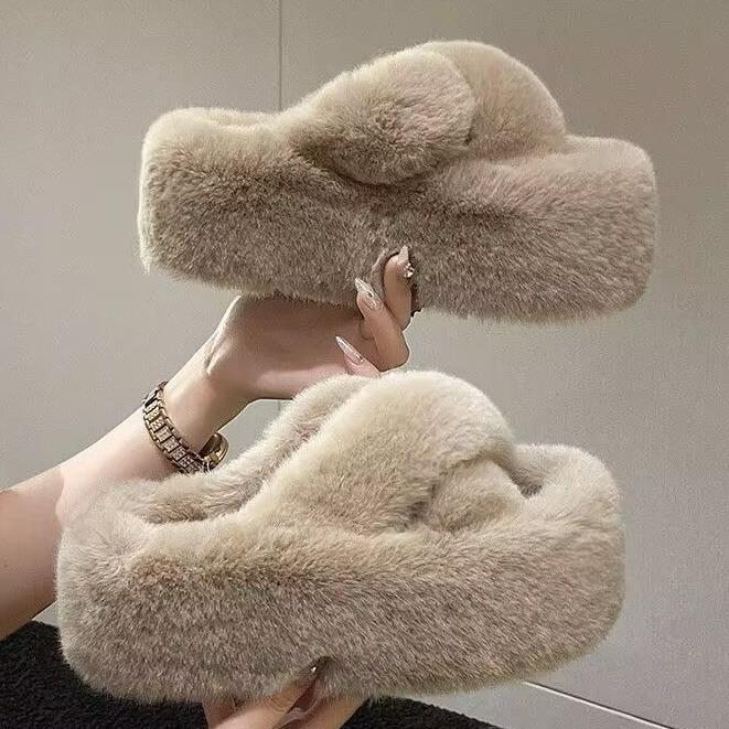 3TDEP - dép lông nữ đế cao 7cm, GiàY nữ lót lông vũ bản quai chéo, thời trang