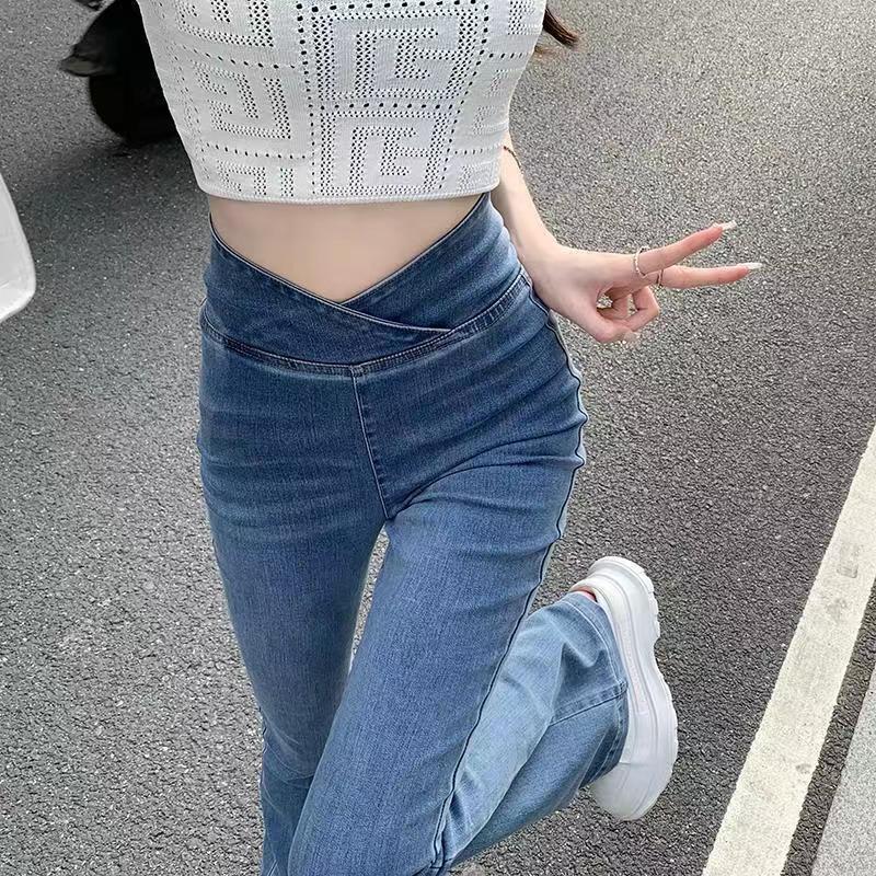 Product Introduction of Tiktok shop- Irregular Jeans Women's High Waist Slim-Fit Skinny V-Shaped Trousers Summer Thin Wide Leg Mopping Bell-Bottom Pants Womenswear Lingerie Lady Streetwear Denim Pockets Basic Fitted Minimalist 2