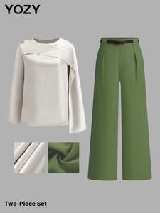 YOZY Women's Solid Asymmetrical Blouse & Wide Leg Pants Two-piece Set, Casual Long Sleeve Top & Trousers 2 Piece Set for Work Office Business, Ladies Clothes for All Seasons
