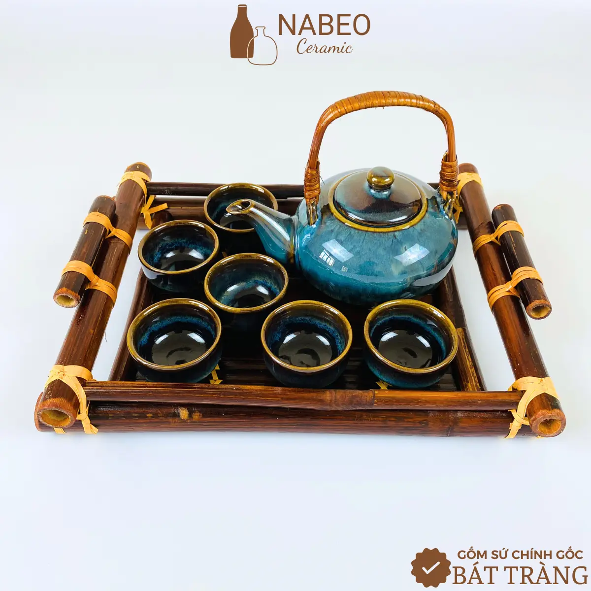 Bộ ấm chén Bát Tràng quai mây, Bộ ấm trà kèm khay dung tích 350ml