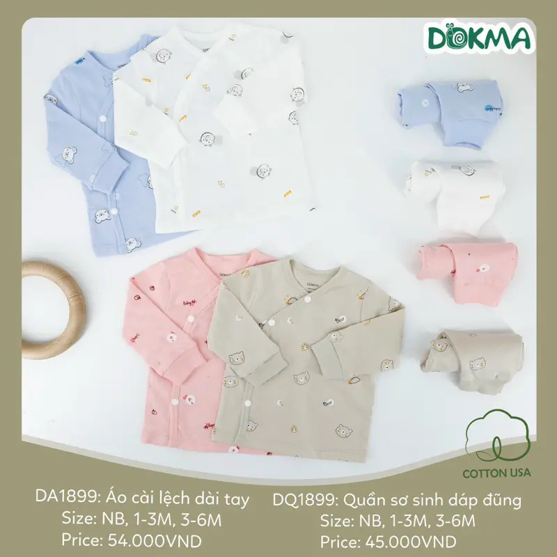 Sơ sinh dài tay cài lệch khuy hàng dokma, chất liệu vải coton co dãn mềm mịn, họa tiết đáng yêu cho bé trai và bé gái